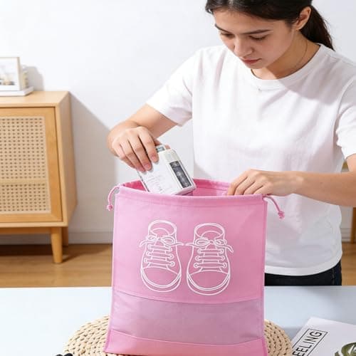 8Pcs Large Shoe Storage Bags, Dustproof Drawstring Shoes Bags with Transparent Slot, Portable Waterproof Non-Woven Fabric Packing Organizers with Drawstring Closure for Daily and Travel Use (Pink) — view 4