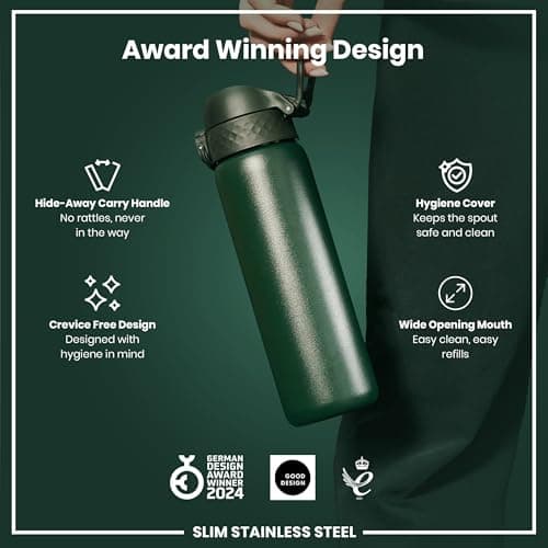Ion8 Lightweight Steel Water Bottle, 600 ml/20 oz, Non-Insulated, Leak Proof, Easy to Open, Secure Lock, Dishwasher Safe, Flip Cover, Fits Cup Holders, Carry Handle, Metal Water Bottle, Dark Green — view 6