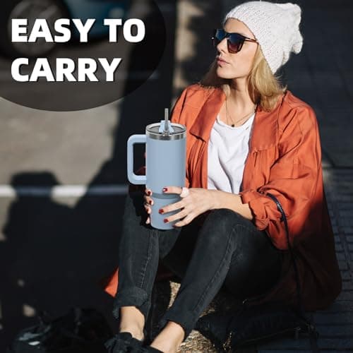 WATERSY Travel Mug Coffee Cup 40oz Tumbler Straw Lid and Handle, Stainless Steel Double Wall Vacuum Insulated Coffee Water Bottle Thermal for Cold Hot Coffee 1182ml Smog Blue — view 5