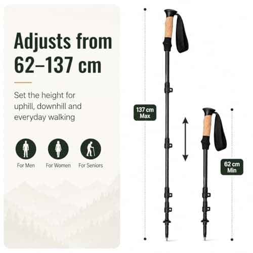 Trekking Poles, Pair of Lightweight 7075 Aluminium Walking Poles, Adjustable 62–137cm Hiking Sticks with Cork Handles, Collapsible Walking Poles for Men, Women, Seniors, Hiking, Camping & Travel — view 4