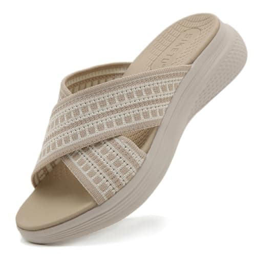 ZDQ Sandals for Women with Arch Support Lightweight Breathable Summer Slides Casual Cushion Walking Sandals for Daily Wear Beige 6