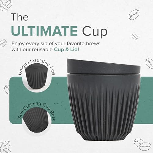 HUSKEE Coffee Cups with Lids - Reusable Coffee Cup with Unique Fins for Espresso, Cappuccino, Americano, Mocha - Insulated & Portable Latte Cups Made with Repurposed Coffee Husks (Charcoal, 12oz) — view 2