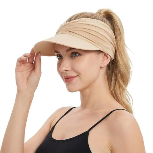 GEMAKA UPF 50+ Sun Visor Hat for Women, Wide Brim Ponytail Cap Foldable Lightweight UV Protection, Perfect for Beach, Golf, Hiking, Running & Travel(Beige)