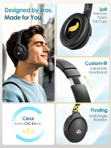 INFURTURE H1 Active Noise Cancelling Headphones, 90H Playtime, Wireless Over Ear Bluetooth Headphones, Foldable Lightweight Headset Deep Bass,Memory Foam Ear Cups,Travel,Office,USB-C Charging — view 6