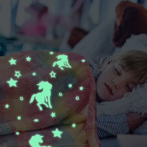 Hileyu Glow in the Dark Blanket, 120x150cm Soft Flannel Fleece Blanket for Kids, Rainbow Unicorn Pink — view 4