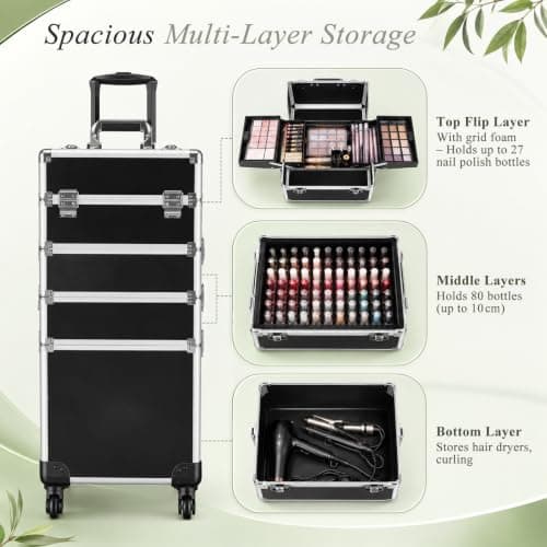 4-in-1 Rolling Makeup Train Case on Wheels, Large Cosmetic Organizer Trolley with 360° Silent Brake Wheels & Reinforced Metal Latches, Cosmetology Travel Case for Salon Nail Artist Hairstylist — view 4