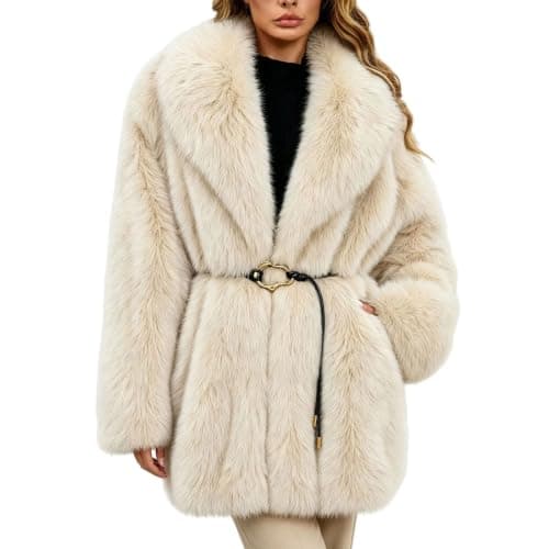 Beige Womens Faux Fur Coat Lapel Belted Warm Winter Jacket with Pockets XXL