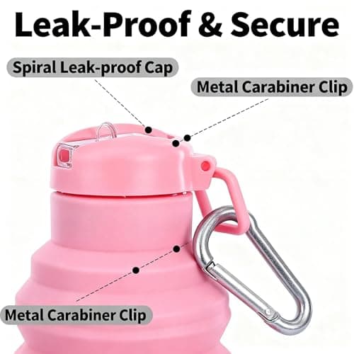 Embhlitfe Collapsible Water Bottle,Silicone Folding Water Bottles Foldable Water Bottle with Carabiner,Silicone Water Bottle for Women Men Sports Travel Hiking Camping Outdoor Activities (Pink) — view 3