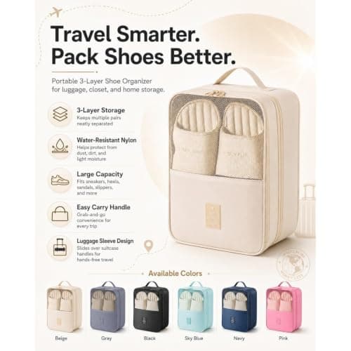 3-Layer Travel Shoe Organizer Bag,Travel Shoes Organizer with Handle，Pink — view 4