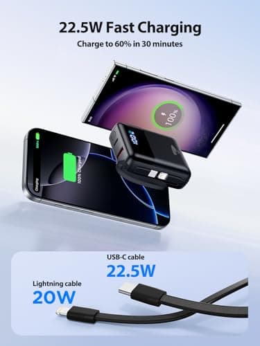 Power Bank 10000mAh,22.5W PD Fast Charging Portable Charger Built-in 2 Cables,USB C Battery pack,Mini Powebank Charger for iPhone 17 16 15 14 13 12 Plus Pro Samsung iPad Small - Size (73x62x26.5mm) — view 6