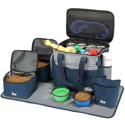 TAIHOYIN Dog Travel Bag for Pet Kit Outdoor with 2 Food Bags + 2 Collapsible Bowls + Feeding Mat + Dog Treat Bum Pouch 7-Piece Set for Pet Accessories Organizer Traveling Walking Camping, Navy Blue