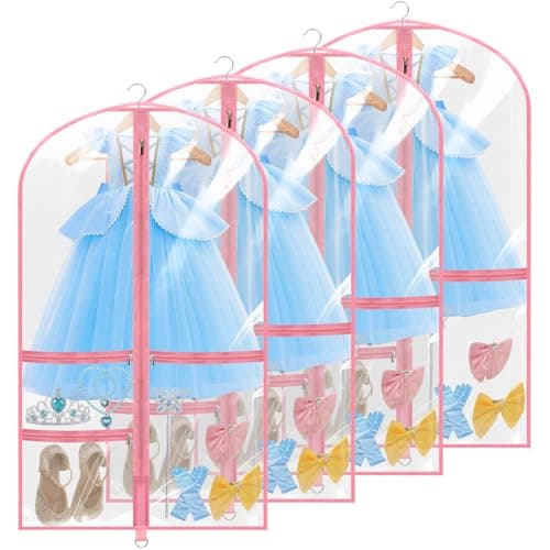 4 Pack Clear Dance Garment Bags 40" Dance Costume Bags with 3 Pockets,Pink