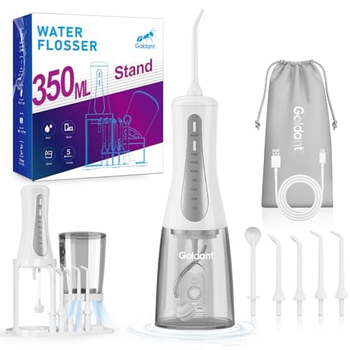 GOLDANT 2026 New 350ML Water Flosser with Drainage & Storage Stand, Keeps Dry & Clean, Travel Bag, 5 Modes, 360°Nozzle, Cordless Rechargeable, IPX7 Waterproof, Portable for Home & Travel (White)