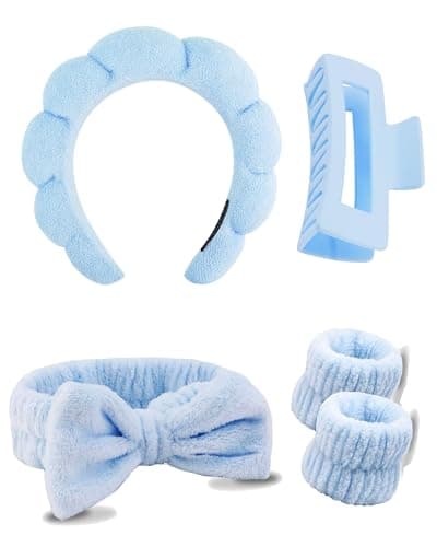 5 Pcs Spa Headbands for women and girls face washing, makeup, facial skin care, fluffy sponge SPA hairband bow hairband hairpin wristband set.(Sky blue)