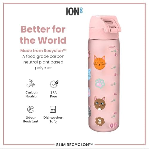 Ion8 Water Bottle, 500ml/18oz, Slim Leak Proof & BPA-Free Drinking Bottle, Secure Lock Prevents Spills, Dishwasher Safe, Carry Handle, Ideal for Adults & Kids - Travel, Gym & School, Cats — view 5