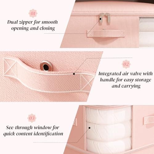 Uwenkjie Large Vacuum Storage Bags 2 Pack, Pink Compression Organizer with Air Valve, 54x42x60cm Compressible to 30cm, Thick Twill Fabric for Clothes Duvets Bedding — view 3