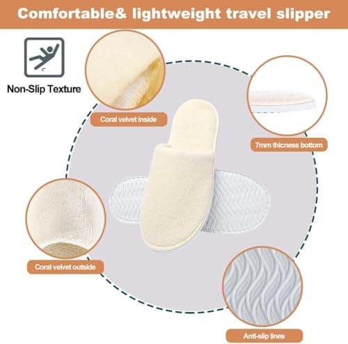 EQLEF Portable Travel Slippers - Reusable Anti-Slip Spa Slippers for Men & Women, Hotel & Home Guests (Adult, Beige) — view 5