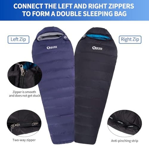 QEZER Down Sleeping Bag 4 Season, Lightweight Winter Sleeping Bag 0 Degree to -12 Degree C for Adults and Kid Camping, Hiking and Backpacking Outdoor Filled 600+FP Down (Black) — view 5