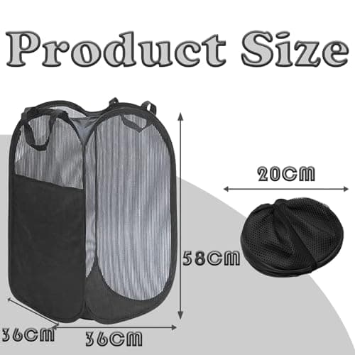 Tyrzol Large Washing Basket Collapsible Mesh Collapsible Washing Basket Pop up Laundry Hamper Basket with Side Pocket Laundry Hampers Mesh Laundry Baskets with Handles for Bathroom College Dorm Black — view 2