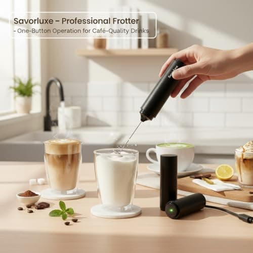 Savorluxe Electric Milk Frother - Stainless Steel Egg Beater - Portable Battery-Powered Handheld Milk Frother, Suitable for Lattes, Cappuccinos, Matcha & More - with Dust Cover, Matte Black & Silver — view 4