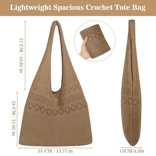 Havnix Crochet Mesh Beach Tote Bag for Women, Foldable Knit Boho Hobo Shoulder Handbag, Casual Shopping Travel Summer Holiday Bag (Khaki) — view 4