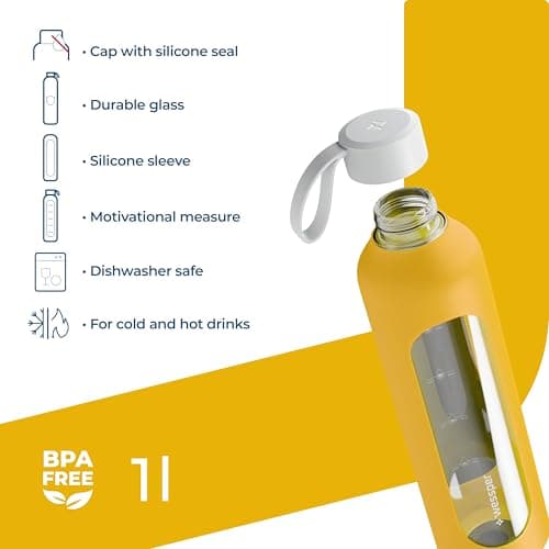 Wessper Glass Water Bottle 1L with Time Markings, BPA-Free Drinking Motivation Borosilicate Water Bottle, Airtight Glass Bottle with Bamboo Lid, Reusable with Silicone Case - Yellow — view 2