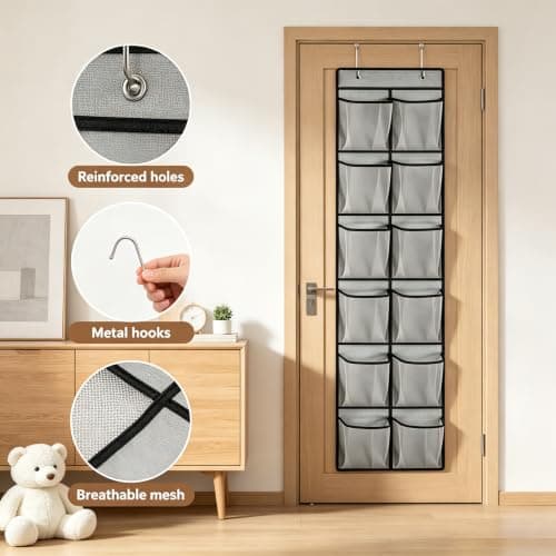 SOPSTUO Hanging Shoe Storage, Over Door Shoe Storage, Door Shoe Rack,12 Breathable Mesh Huge Pockets, Shoe Hanging Storage Bag with 2 Metal Hooks for Various Doors (Modell C) — view 3