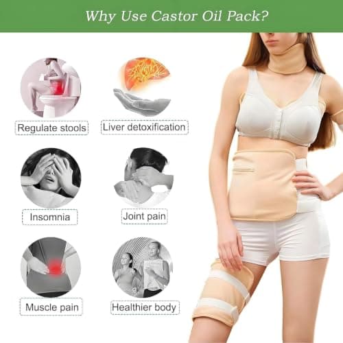 Castor Oil Pack Wrap Kit for Waist Neck Leg Knee, 6PCS Reusable Organic Cotton Castor Oil Wrap Kit, Flannel Castor Oil Compress Pads(Khaki) — view 3