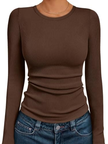 LILLUSORY Womens Long Sleeve Tops UK Ribbed Slim Fit T Shirts Brown S