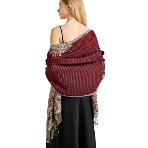 vimate Rave Pashmina Shawls and Wraps-Soft Silky Burgundy Jacquard Evening Paisley Pashmina Scarves for Women Winter(UK-Style 2-Burgundy) — view 4