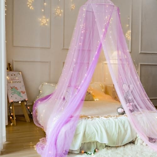 Wnqou Mosquito Net for Bed, Large Dome Canopy Mosquito Net for Single/Double Bed, Girls Room Drcor,Easy Installation for Travel and Home (Pink Purple+Lights) — view 2