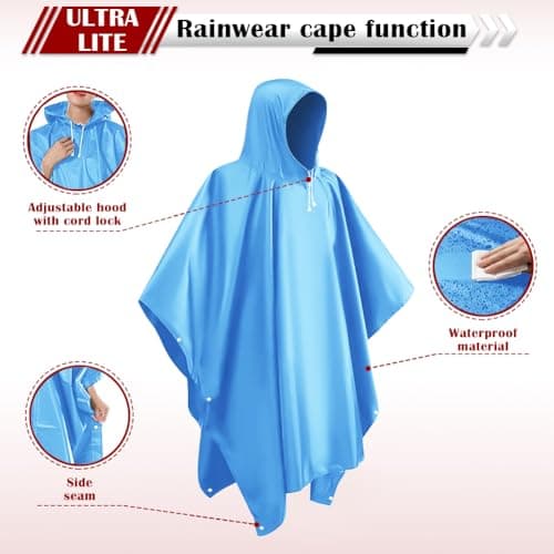 CHGANG Waterproof Poncho Adult, Reusable Rain Poncho Lightweight Waterproof Raincoat Emergency with Hood for Outdoor Hiking Camping Cycling Traveling (Blue) — view 2