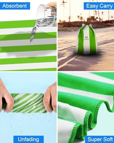 Victoper Microfiber Beach Towel d Rapid Drying Sand Free Soft Compact Lightweight Qualities Beach Towels for Adults Ideal for Swimming Beach Yoga Camping Gym Carry Bag Mint Green Stripes 63x32 Inch — view 5