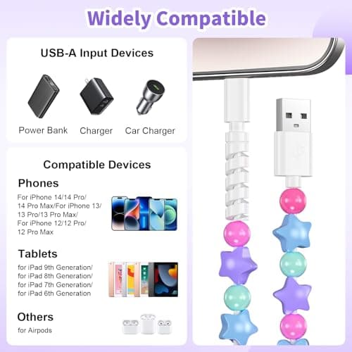 Coolden for iPhone Charger Cable 1M 66W 3A Fast Charging Phone Charger Cables Cute Stars Beaded Girls Women iPhone Charging Cable for iPhone 14 13 12 11 Pro Max XS XR X 8 7 6, iPad and iPod-Colorful — view 2