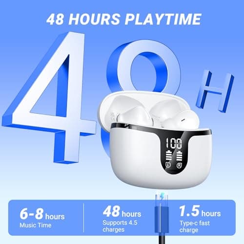 Wireless Earbuds Bluetooth 5.4 Headphones in Ear with 4 ENC Noise Cancelling Mic 2026 New Ear buds 42h Playtime HiFi Stereo Deep Bass Earphones IP6 Waterproof LED Display Bluetooth Earbuds USB-C White — view 5