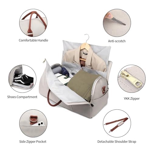 seyfocnia Convertible Carry on Garment Bag for Women,Leather Bags Travel with Shoe Pouch 2 in 1 Hanging Suitcase Suit Women Duffle Gifts, Beige, Classic — view 3