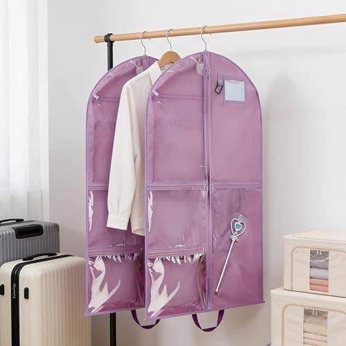 2 Pack 39.37 Inch Dance Costume Bag for Dancers, Hanging Garment Bags with Multiple Pockets, Clear Storage Organizer for Costumes, Accessories and Dance Shoes (Purple) — view 5