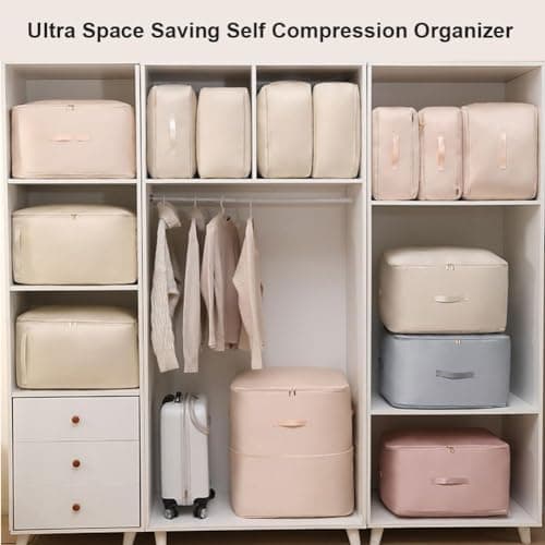 Ultra Space Saving Self Compression Organizer, Heavy Duty Moving Bags, Storage Tote for Space Saving, Self Compression Moving Organizer Bags for Comforters, Clothes, Blanket (Rose Red, XL(54*42*60CM)) — view 2