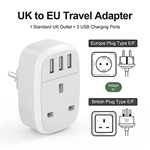 UK to European Adapter Plug,2Pack UK to EU Euro Europe Travel Adaptor with 3 USB Port, Grounded Schuko Charger for Germany France Spain Iceland Greece Poland Netherlands Portugal Austria (Type E/F — view 2