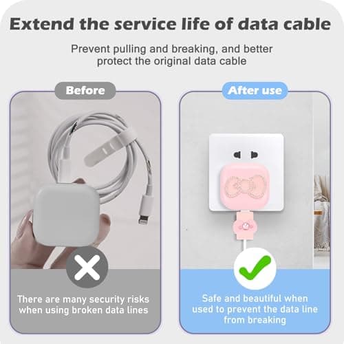 DiyGody Protector Set Compatible for iPhone 18/20W Charger Plug, Phone Charger Protective Cover for UK Apple Type-C/L Power Adapter, Data Cable Case Wire Saver with Cute Bow Tie Design for Girls, Pink — view 3