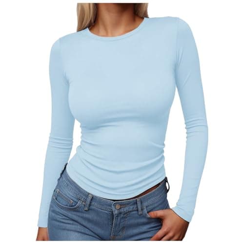Long Sleeve Top Women Basic Crew Neck T Shirts Slim Fitted Casual Tunic Tee Stretchy Solid Soft Base Layer Undershirt UK Light Blue