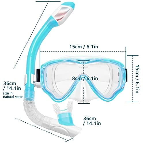 HIKOTEY Children's Snorkel Set,Panoramic Wide View Diving Mask,Snorkeling Gear Anti-Leak and Anti-Fog Tempered Glass Lens,Dry Snorkel Tube,Includes Earplugs and Nose Clip for Age 4-16 Years(Blue) — view 6