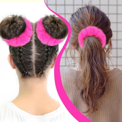 PEOVLVN 2 Pcs Hot Pink Scrunchies, Pom Pom Hair Ties Fuzzy Scrunchies — view 3