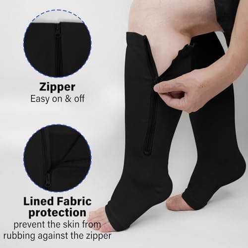 PUTUO Plus Size Compression Socks: Wide Calf Zip Flight Sock Women Men Extra Large Graduated Open Toe Support Stockings for Travel Black 3XL 1Pairs — view 4