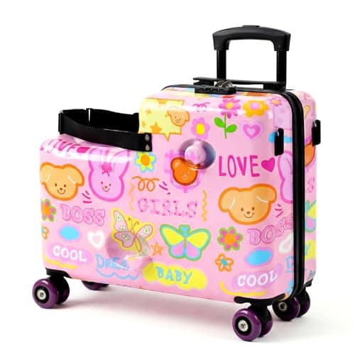 20" Ride On Luggage for Kids,Cute Pattern,Lightweight Hardshell Carry-On Luggage with Double Spinner Wheels,TSA Lock,Circular Handrail,Safety Belt,Foot Pedal,for Boys&Girls,Load Cap. 120 lbs (Pink)