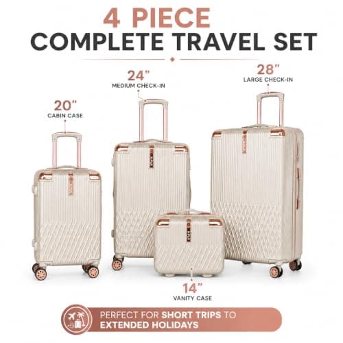XPLR 4 Piece Hard Shell Luggage Set - Durable ABS Lightweight Suitcase - 14" 20" 24" 28" Cabin Carry On - TSA Lock - 360° Spinner Wheels - Rose Gold Trim & Vanity Case (Champagne Pearl) — view 2