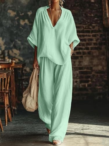 Two Piece Sets for Women Linen Co Ord Set V Neck Batwing Sleeve with Wide Leg Pants Casual Summer Loungewear Co Ord Sets Relaxed Fit Travel Two Piece Set Mint Green XXL — view 2