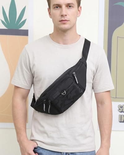 Large Bumbag Waist Fanny Pack Running Belt for Men Ladies Women, Bum Bag with 6-Zipper Pockets Adjustable Belt (Black) — view 2