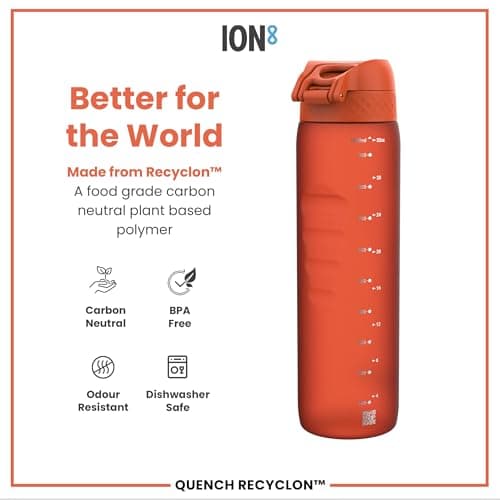 ION8 1 Litre Water Bottle, Leak Proof, Flip Lid, Carry Handle, Rapid Hydration, Dishwasher Safe, BPA Free, Contoured Grip, Ideal for Travel, Gym & Activity, Carbon Neutral Recyclon,32oz, Hearty Orange — view 5
