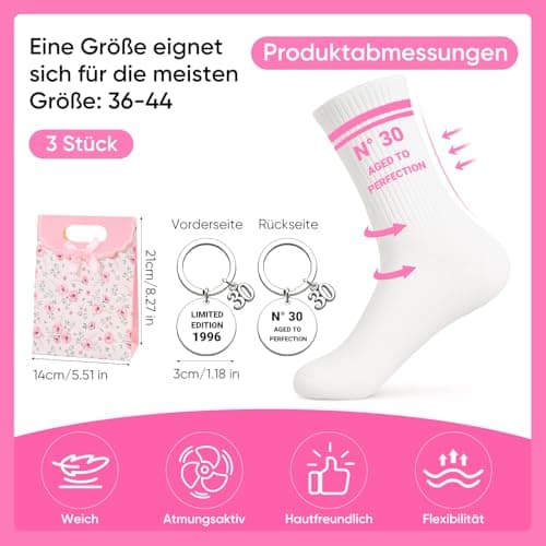 Scinzene 30th Birthday Gift Set for Women, Limited Edition 1996, Cotton Socks and Stainless Steel Keyring with Gift Bags, Funny 30th Birthday Gift for Women — view 3
